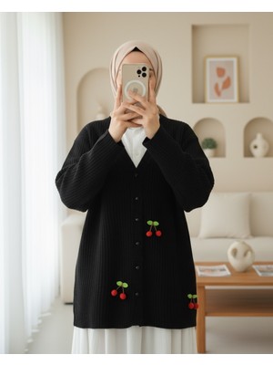 Modamorfo Kirazlı Top Düğmeli Triko Hırka -Siyah