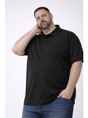 Nemere Erkek Pike Kumaş Düğmeli Yaka Battal Büyük Beden Günlük Kısa Kol Tişört T-Shirt - Siyah