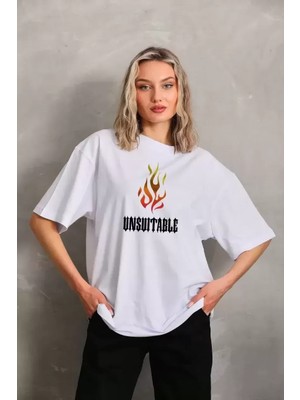 Nemere Bisiklet Yaka Baskılı Oversize T-Shirt - Beyaz