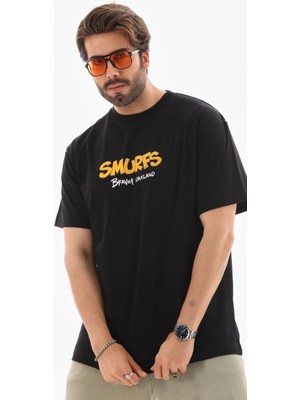 Nemere Bisiklet Yaka Baskılı Oversize T-Shirt - Siyah