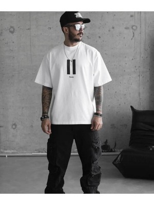 Nemere Bisiklet Yaka Baskılı Oversize T-Shirt - Beyaz