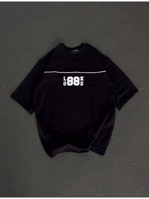 Nemere Bisiklet Yaka Baskılı Oversize T-Shirt - Siyah