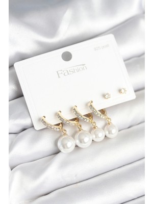 Luz&Pos Gold Renk Zirkon Taşlı Pirinç Incili 925 Ayar Gümüş Çivili Küpe Seti