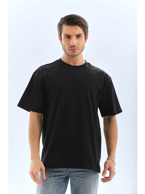 Nemere Oversize Düz Bisiklet Yaka T-Shirt - Siyah