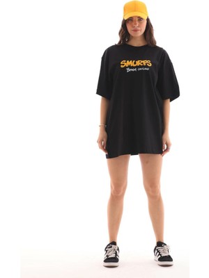 Nemere Bisiklet Yaka Baskılı Oversize T-Shirt - Siyah