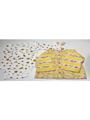 vitvit 2-3 Yaş El Örgüsü Kırçıllı Sarı Renk Hırka ve El Işi 2 Adet Toka ile Zıbından Oluşan Hediye Seti