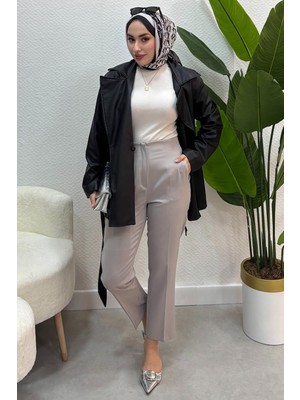 Tesettür Diyarı Kadın Tesettür Pantolon Kadın Zra Model Pensli Yüksek Bel Kumaş Pantolon-Gri