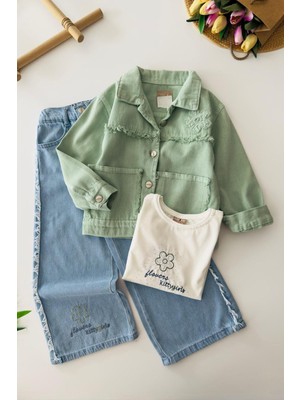 Miniğimin Cicileri Taşlı Papatya Detaylı Renkli 3 Lü Kız Çocuk Takım - Yeşil