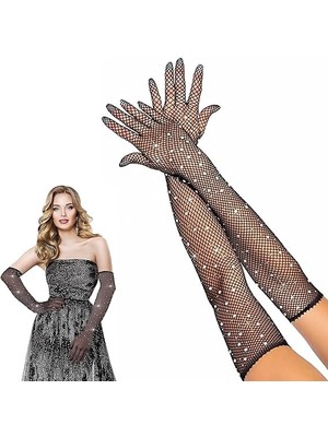 İlkyaz Fashion Siyah Renk Incili Elmas Işlemeli File Örgü Uzun Eldiven  (Ilkyz)