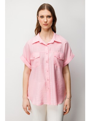 Ekol Kadın Büyük Beden Kapak Cepli Kısa Kol Gömlek 2588 Pembe