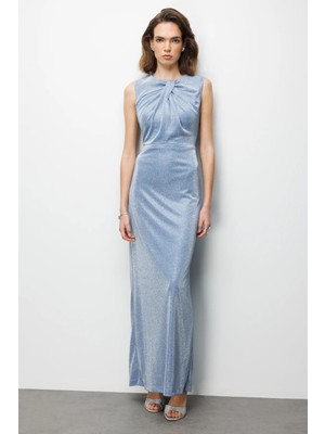 Ekol Kadın Büzgü Detaylı Sırt Dekolteli Simli Abiye Elbise 6094 Mavi