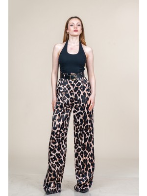 MissVina Çift Pile Leopar Desen Kemerli ve Cepli Salaş Bol Saten Pantolon 30346