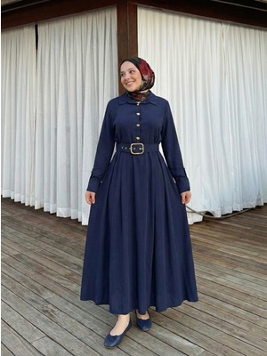 Miostil Yarım Pat Kaplama Kemer Detay Elbise-Lacivert