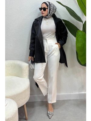 Tesettür Diyarı Kadın Tesettür Pantolon Kadın Zra Model Pensli Yüksek Bel Kumaş Pantolon-Beyaz