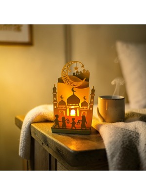 Ddm Global Ramazan Temalı Dekoratif Mumluk – 12X7 cm  Hilal ve Cami Siluetli, Mum Dahil  Islami Masaüstü Süs