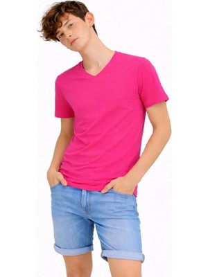 Genç Erkek Çocuk V Yaka Tişört Yazlık Model Günlük Basic Body - Pembe
