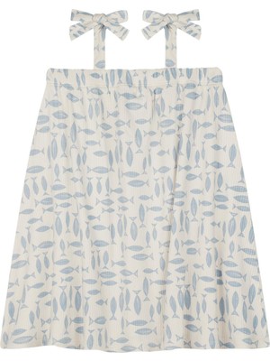 Antebies Bambu Sustainable Mavi Balık Desenli Ayarlanabilir Fiyonk Ince Askılı Kız Çocuk Elbise