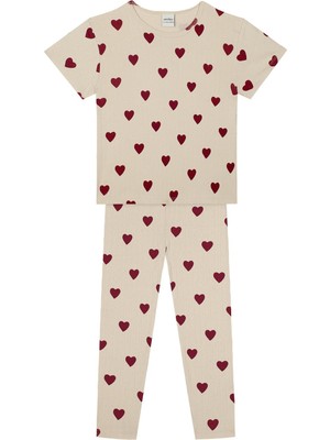 Antebies Organik Gots Sertifikalı Kırmızı Kalp Jakar Beli Lastikli Tshirt Tayt Kız Çocuk Pijama Takımı