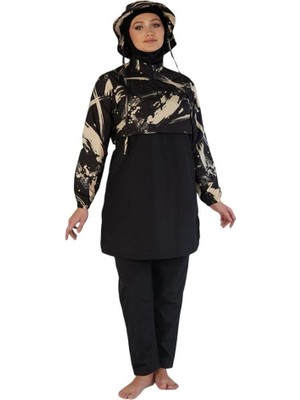 Estiva Dijital Baskı Şapkalı Croplu Dokuma Kapalı Tesettür Mayo