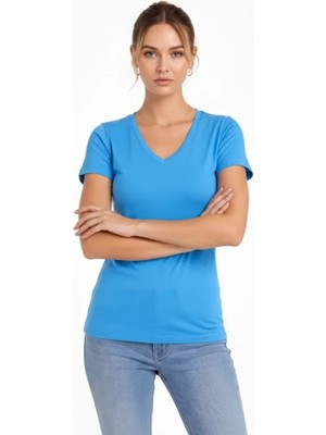 T-Shirt V Yaka Slim Fit Likralı Tişört Günlük Basic Body - Açık Mavi