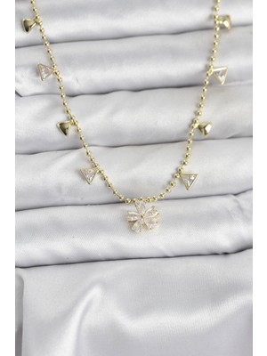 Luz&Pos Pirinç Gold Renk Zirkon Taşlı Çiçek Model Kadın Kolye