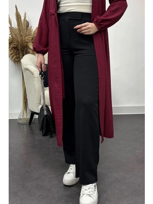 Tesettür Diyarı Kadın Likralı Krep Kumaş Cırt Cırtlı Pantolon-Siyah