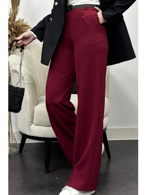 Tesettür Diyarı Kemer Detaylı Bol Paça Palazzo Pantolon-Bordo