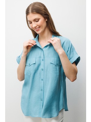 Ekol Kadın Büyük Beden Kapak Cepli Kısa Kol Gömlek 2588 Aqua