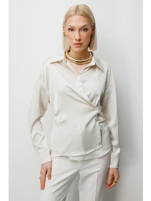 Ekol Kadın Kruvaze Yaka Bağcıklı Gömlek 2862 Inci