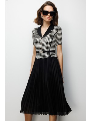 Ekol Kadın Akordiyon Kumaş Desenli Maxi Elbise 6916 Siyah