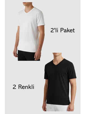 Balkonda Erkek V Yaka Tişört Basic Pamuklu 2'li Paket 2 Renk Slim Fit - Berrak