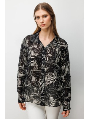 Ekol Kadın Büyük Beden Desenli Transparan Gömlek 2536 Siyah