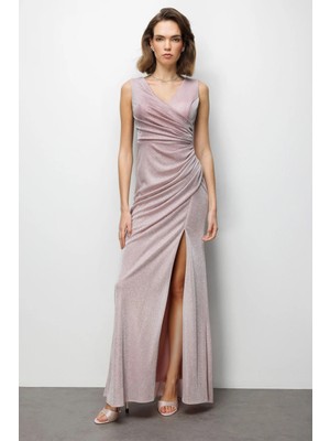 Ekol Kadın Büzgü Detaylı Yırtmaçlı Simli Abiye Elbise 6082 Pudra