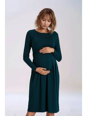 Mamayaga Kadın Bisiklet Yaka Tesettüre Uygun Uzun Kol Viskon Gizli Emzirme Bölümlü Şık Hamile Elbisesi