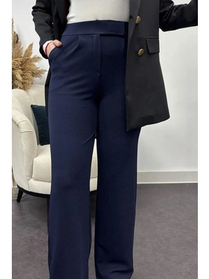 Tesettür Diyarı Kadın Likralı Krep Kumaş Cırt Cırtlı Pantolon-Lacivert