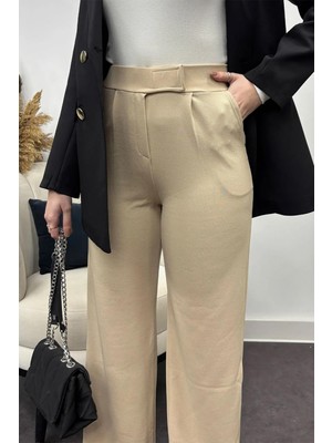 Tesettür Diyarı Kadın Likralı Krep Kumaş Cırt Cırtlı Pantolon-Bej