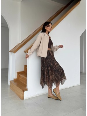 Cemo Kadın Desenli Pileli Asimetrik Midi Etek