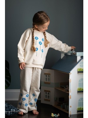 Antebies Pamuk, Sustainable, Bej Kiraz Baskılı  Kız Çocuk Sweatshirt Biker Takım