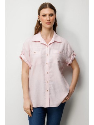 Ekol Kadın Büyük Beden Kısa Kollu Keten Gömlek 2524 Pembe
