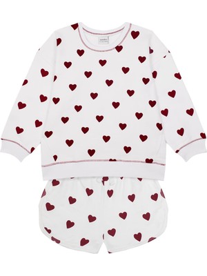 Antebies Organik Gots Sertifikalı Kırmızı Kalp Desenli Bel Lastikli Bağcıklı Kız Çocuk Sweatshirt Şort Takımı