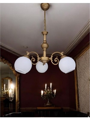 Dede Çicek Kol Üç Kollu Zamak Metal Avize Eskitme Statik Boyalı Mat Beyaz Camlı