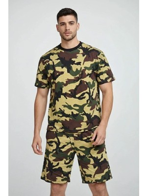 Erkek Kamuflaj Desenli Tişört Şort Takım – Regular Fit Günlük Spor 2’li Yazlık Kombin - Kamuflaj