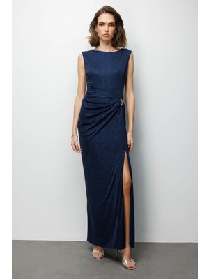 Ekol Kadın Beli Tokalı Yırtmaç Detaylı Simli Abiye Elbise 6092 Lacivert