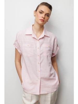 Ekol Kadın Kolu Katlamalı Keten Gömlek 2024 Pembe