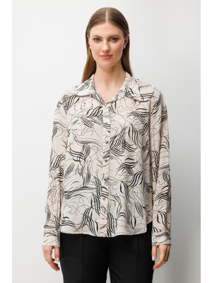 Ekol Kadın Büyük Beden Desenli Transparan Gömlek 2536 Ekru