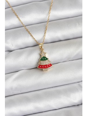 Luz&Pos 316L Çelik Zincir Gold Ren Çam Ağacı Model Zirkon Taşlı Yılbaşı Temalı Kadın Kolye