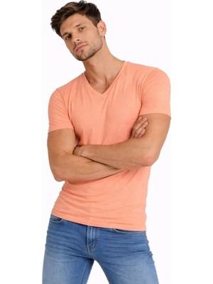 Erkek T-Shirt V Yaka Slim Fit Dar Kesim Likralı Tişört Günlük Basic Body - Toz Pembe