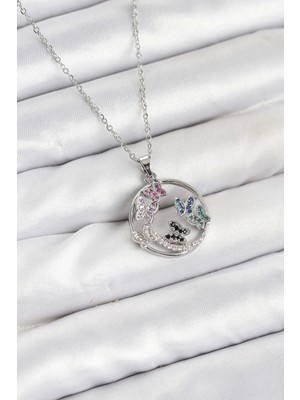 Luz&Pos 316L Çelik Zincir Gümüş Renk Zirkon Taşlı Kelebekli Kadın Kolye