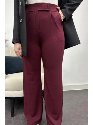 Tesettür Diyarı Kadın Likralı Krep Kumaş Cırt Cırtlı Pantolon-Bordo