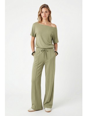 Ritnice Kadın Zeny Modal Touch Kayık Yaka Bel Lastikli Cepli Haki Alt Üst Takım